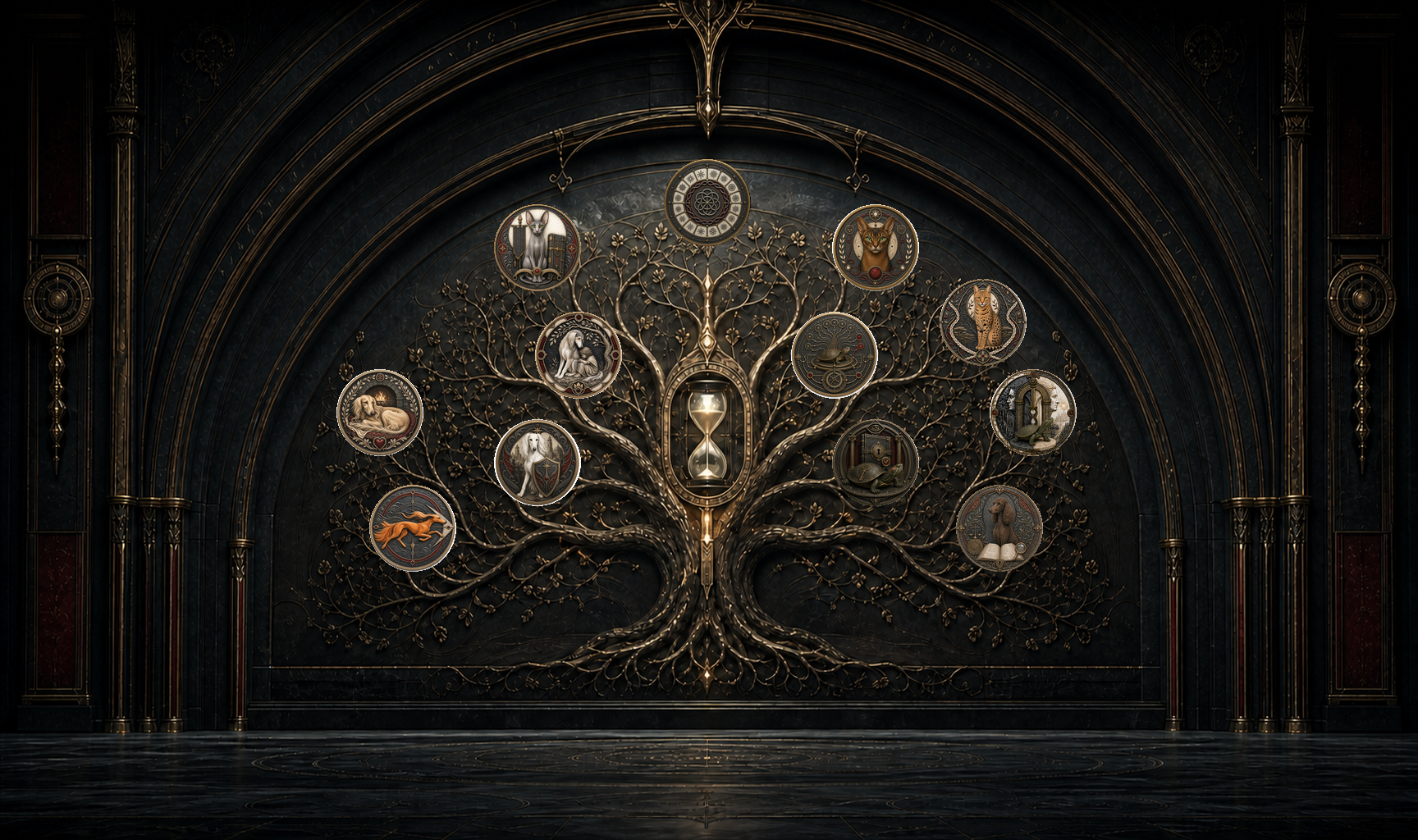 A dark ceremonial hall containing a luminous Stygian Tree, INTEL at the top, a central hourglass, and twelve exact specialist intelligence emblems arranged in functional pairs.